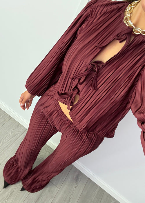 Tie Up Blouse & Trousers Set Burgundy Plisse