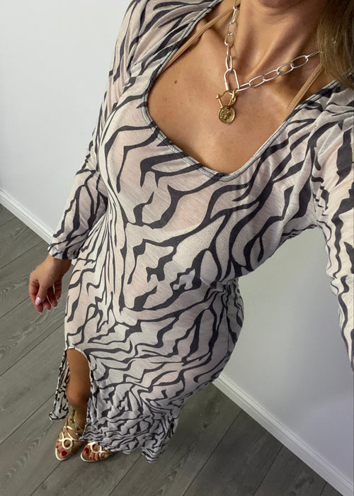 Long Sleeve Split Fishtail Maxi Dress in Zebra