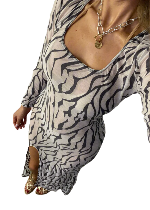 Long Sleeve Split Fishtail Maxi Dress in Zebra