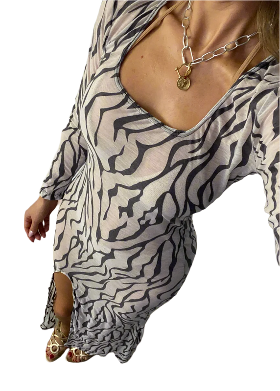 Long Sleeve Split Fishtail Maxi Dress in Zebra