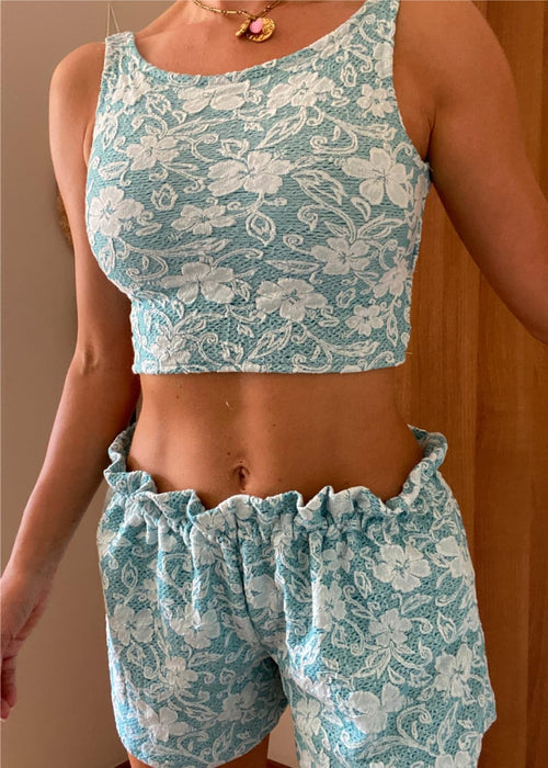 Paper Bag Shorts Backless Co-Ord in Blue Lacey Jersey