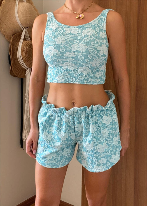 Paper Bag Shorts Backless Co-Ord in Blue Lacey Jersey