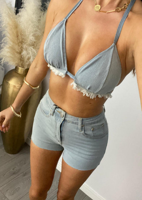 Fringed Denim Bralet & Shorts Co-Ord