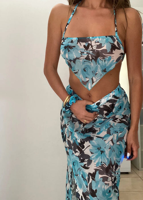 Blue Floral Mesh Backless Hanky Top with Scrunchie