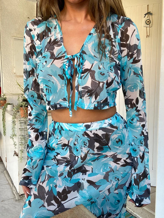 Blue Floral Mesh Tie Front Top Maxi Set