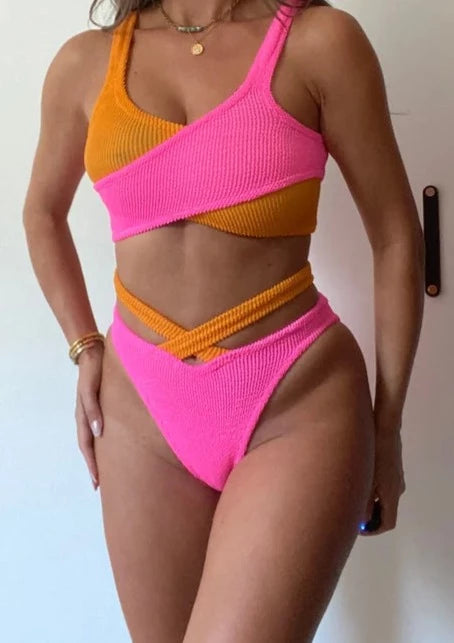 Burnt Orange & Neon Pink Crinkle Crossover Bikini