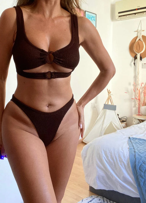 Chocolate Brown Crinkle Double Ring Mini Crop Bikini