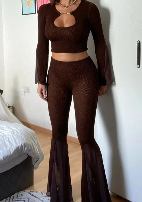 Chocolate Brown Crinkle Mesh Mix HorseBit Top & Flares Set