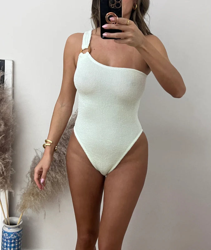 Cream Crinkle Asymmetric Ring Onepiece