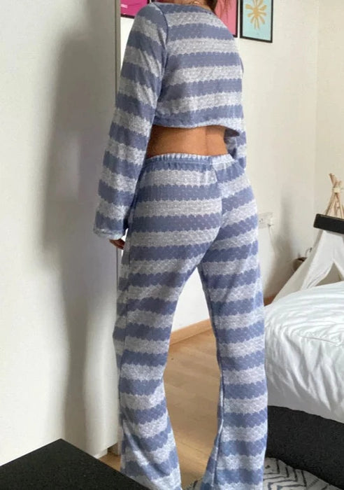 Dusty Blue Stripe Knit Wide Leg Co-Ord