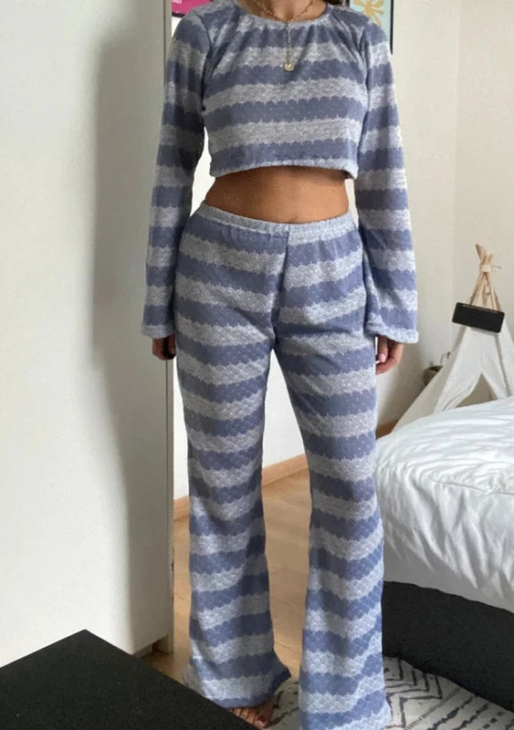 Dusty Blue Stripe Knit Wide Leg Co-Ord