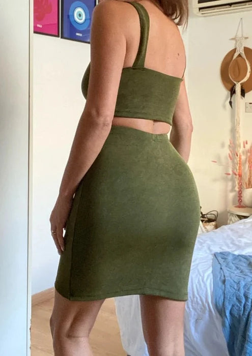 Khaki Green Smoothing Stretch Crop Top & Mini Skirt Set