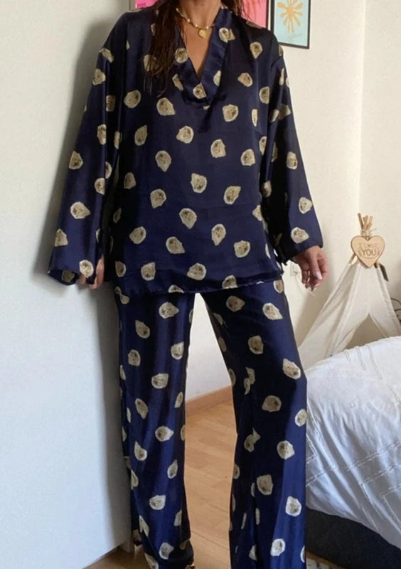 Navy Lion Print Silky Tunic & Trouser Co-Ord