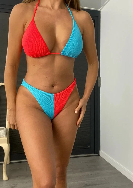 Neon Coral & Blue Crinkle Two Tone Triangle Bikini