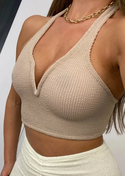 Top con escote halter y escote en V con efecto arrugado en tono nude