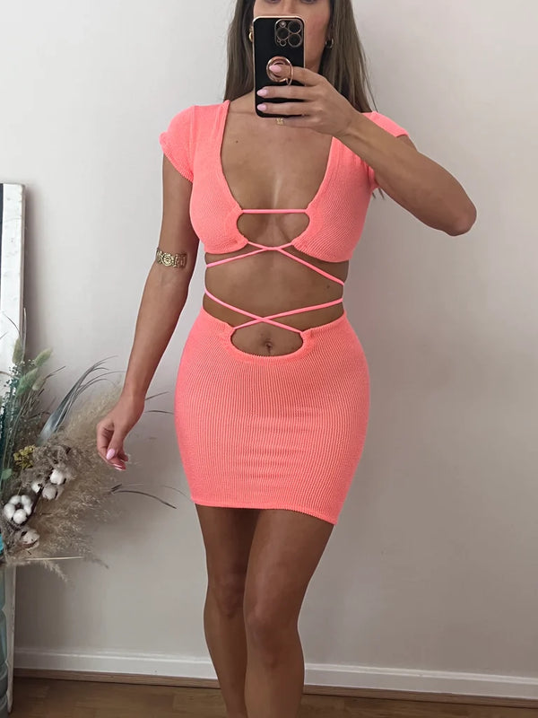 Peach Crinkle Strappy Wrap Ties Skirt Set