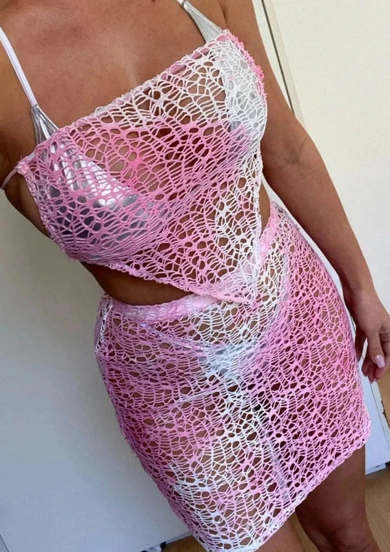 Pink Ombre Lace Net Hanky Hem Cover Up