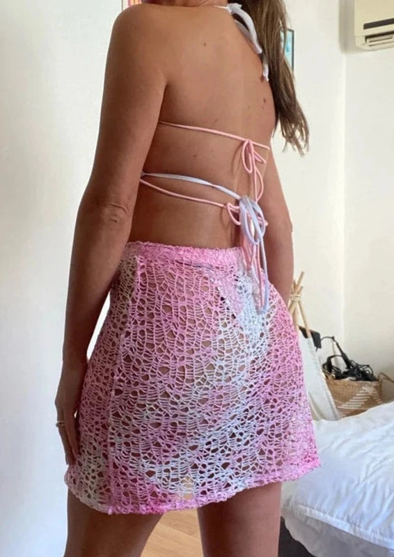 Pink Ombre Lace Net Hanky Hem Cover Up