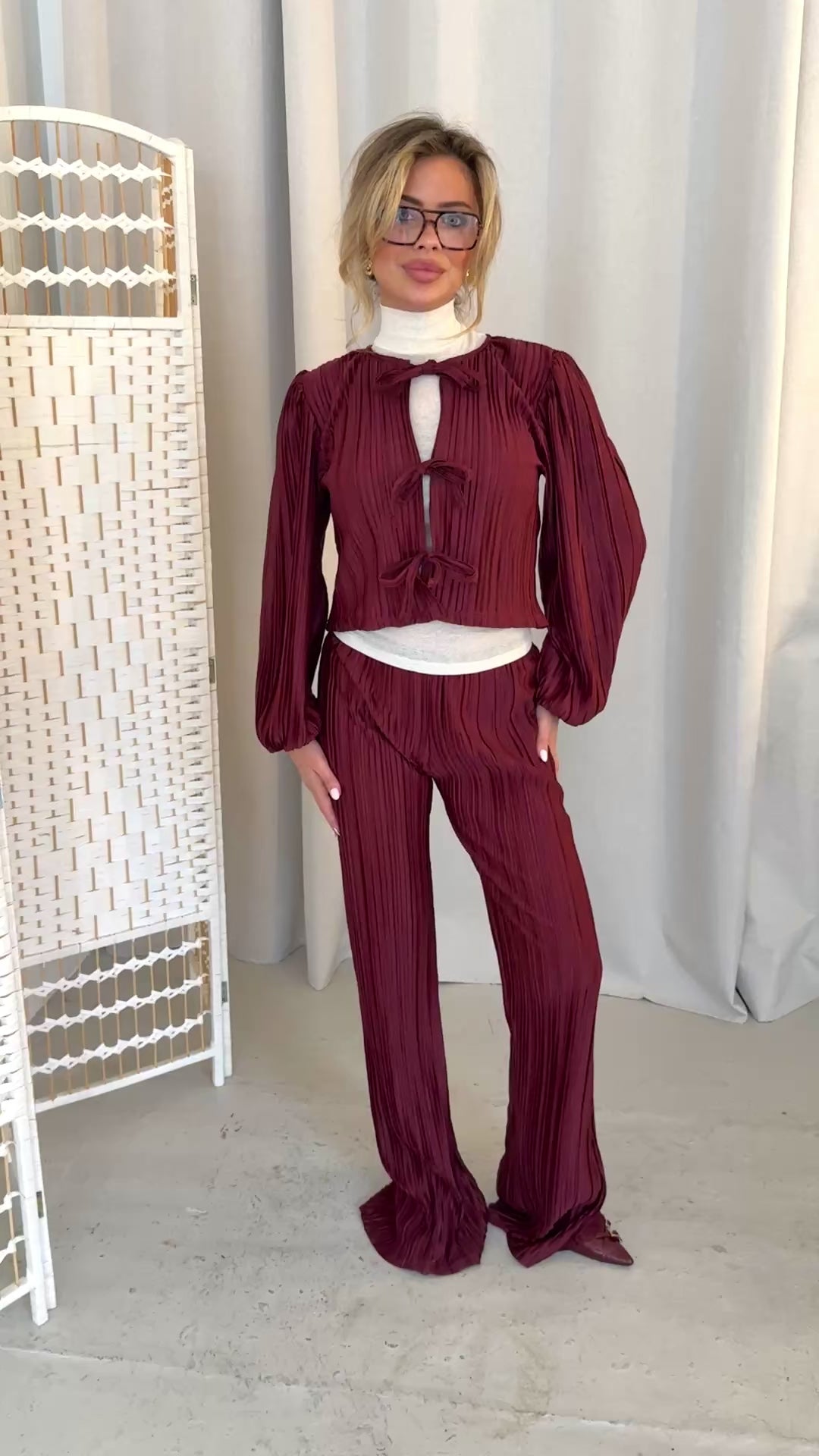 Blouse & Trousers Co-Ord in Burgundy Plisse