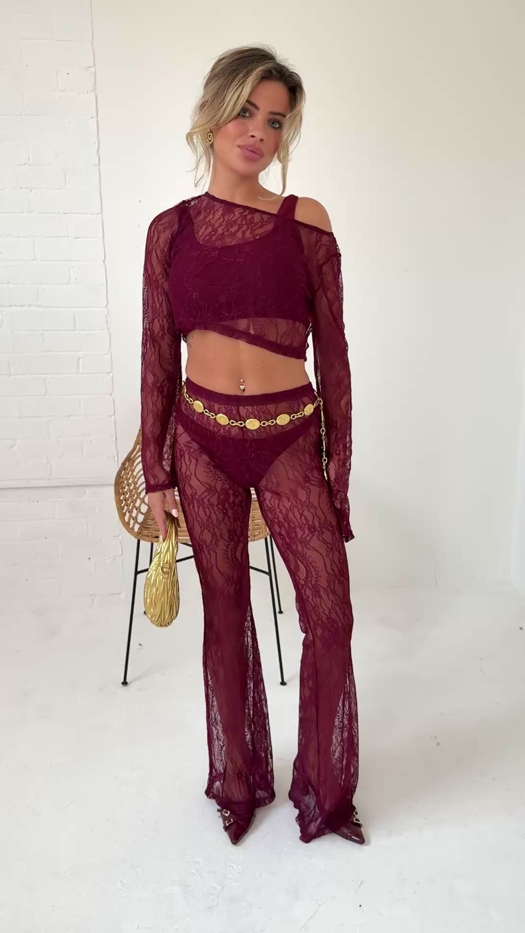 Lace Flares & Off Shoulder Top Set in Burgundy