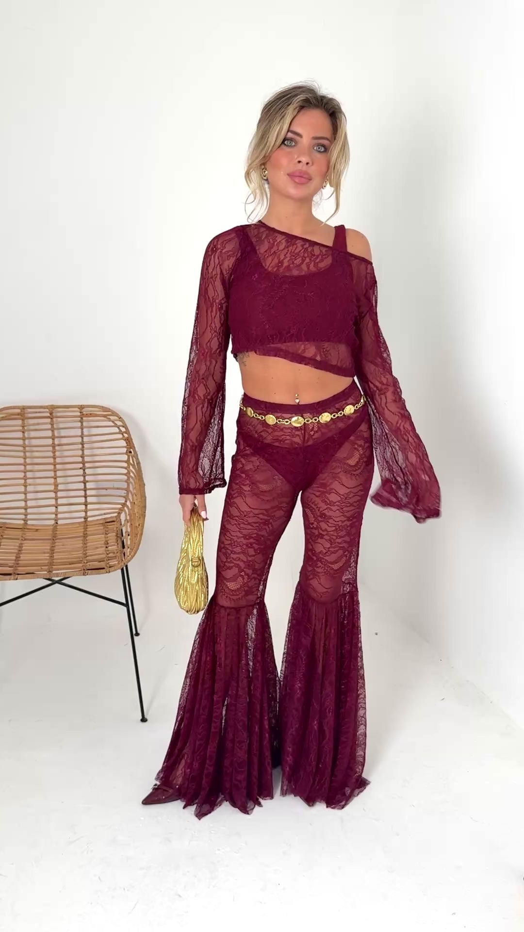 Extreme Flare Co-Ord in Burgundy Lace