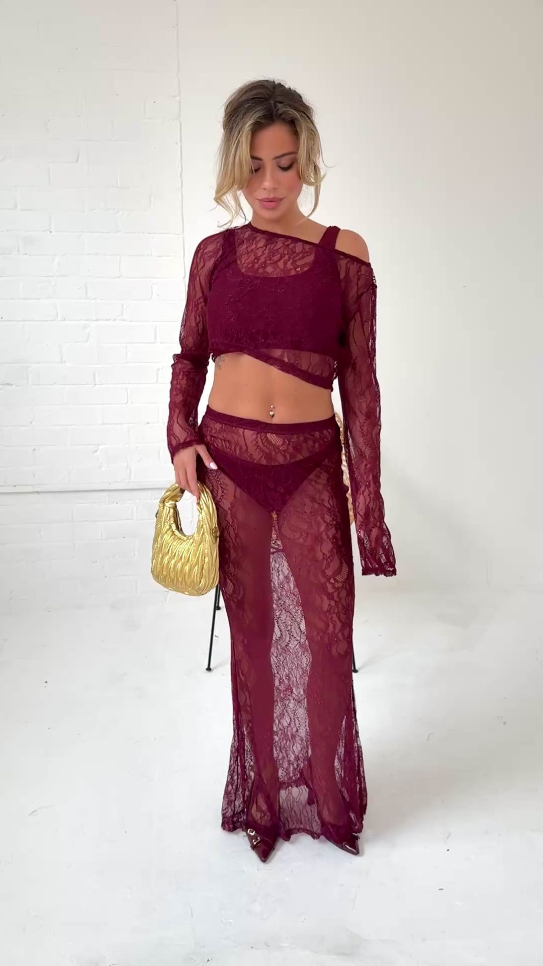 Lace Fishtail Maxi Skirt & Top Co-Ord in Burgundy