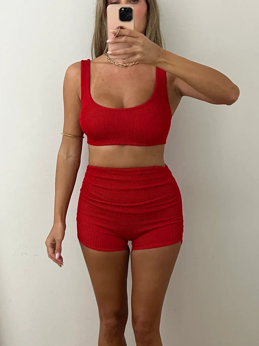 Red Crinkle Ruched Shorts Co-Ord