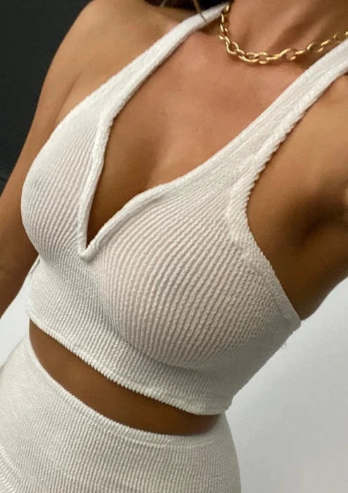 White Crinkle V Wire Halter Top