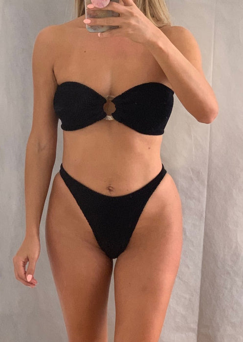 Black Crinkle Ring Bandeau Bikini