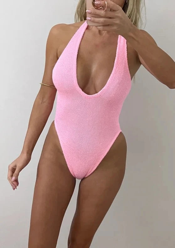 Bubblegum Pink Crinkle Plunge Halter Onepiece