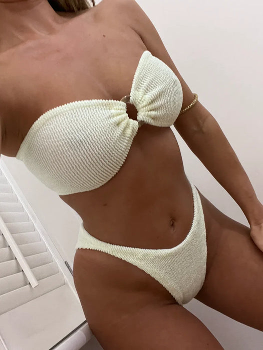 Cream Crinkle Ring Bandeau Bikini