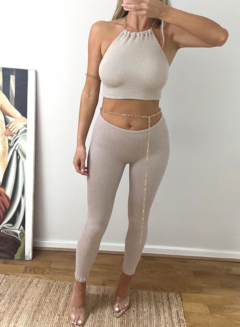 Nude Crinkle Belly Chain Leggings Set OR Seperates